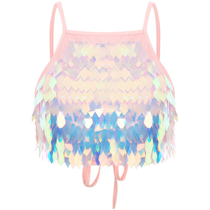 Shiny Sequin Tassel Bra Top Sexy Mini Lace-up Tank Top Camisole for Women Dancing Nightclub Crop Top Vests Bralettle Clubwear