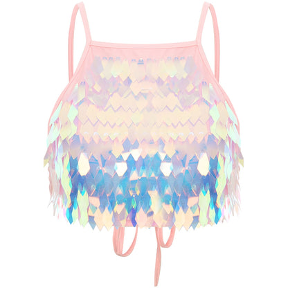 Shiny Sequin Tassel Bra Top Sexy Mini Lace-up Tank Top Camisole for Women Dancing Nightclub Crop Top Vests Bralettle Clubwear