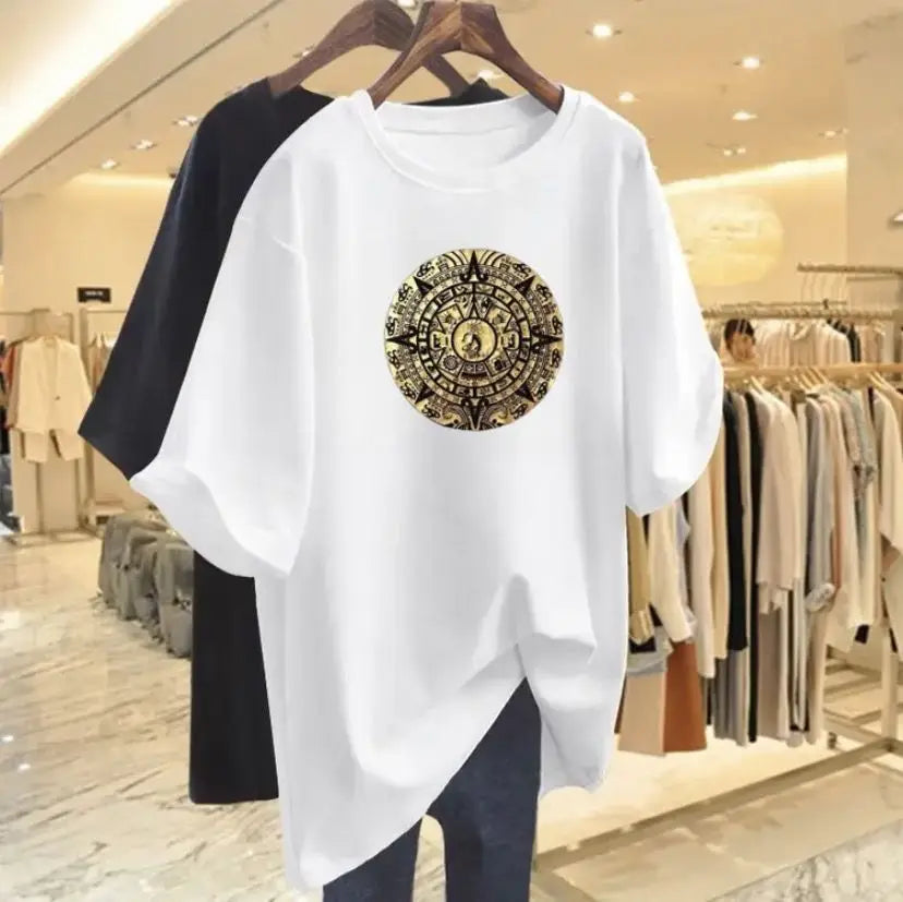 Women Fashion Pure Cotton Y2k Short Sleeve T-shirt Summer Casual Loose Paisley Printing Top Tee Office Lady Basic Pullover M-6XL