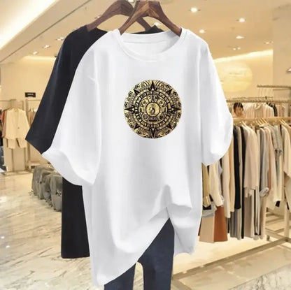 Women Fashion Pure Cotton Y2k Short Sleeve T-shirt Summer Casual Loose Paisley Printing Top Tee Office Lady Basic Pullover M-6XL