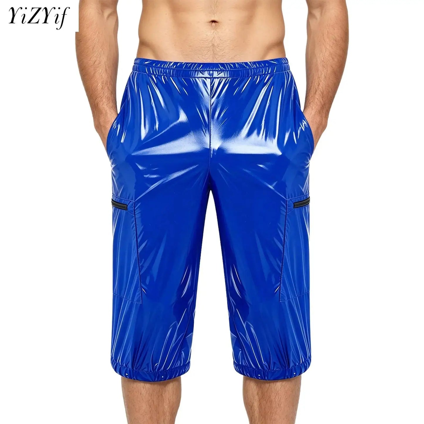 Men Oil Glossy Cargo Shorts Waterproof Elastic Waist Band Multi-pocket Zipper Overalls Capri Pants Dance Clubwear Beach Swimwear