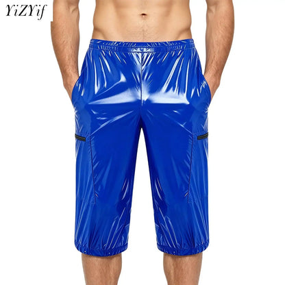 Men Oil Glossy Cargo Shorts Waterproof Elastic Waist Band Multi-pocket Zipper Overalls Capri Pants Dance Clubwear Beach Swimwear