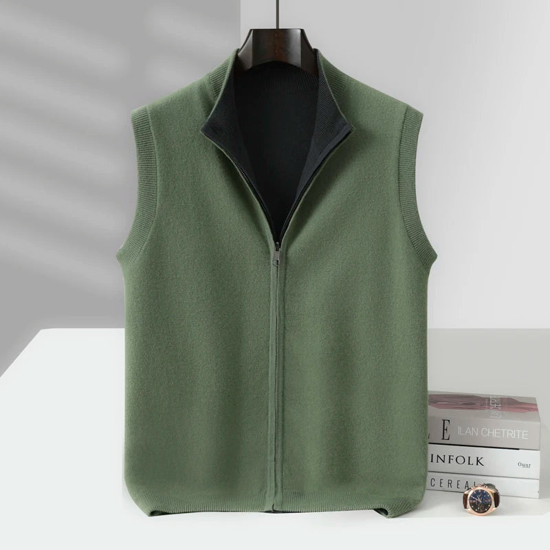 Autumn and winter 100% pure wool cardigan men's zipper stand collar double-sided sweater sleeveless knitted cashmere vest