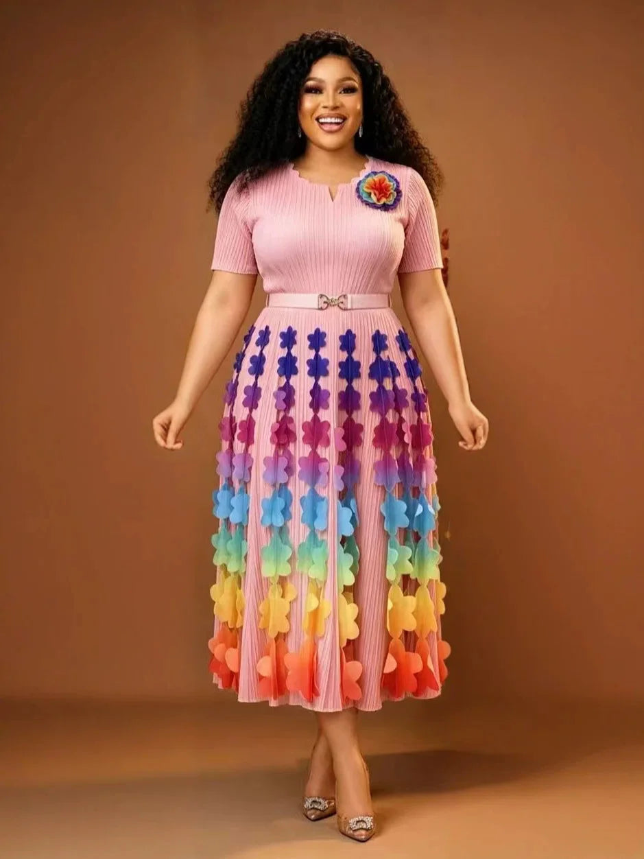Miyake 2026 Summer New Loose V-neck Women's Fashion Slim Gradual Change Color Printed Dress