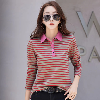 Korean Fashion Long Sleeve  Cotton Polo Shirt Women Stretch Plus Size  Autumn Slim Knitted Polo For Women Striped T shirt