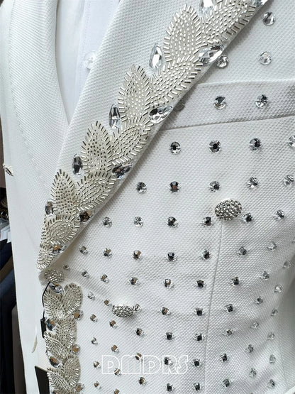 Two Pieces Formal Blazer Pants Set, Crystals Beaded Party Tuxedos Beaded Wedding Groom Suit Set, Luxurious Men's Formal Suit