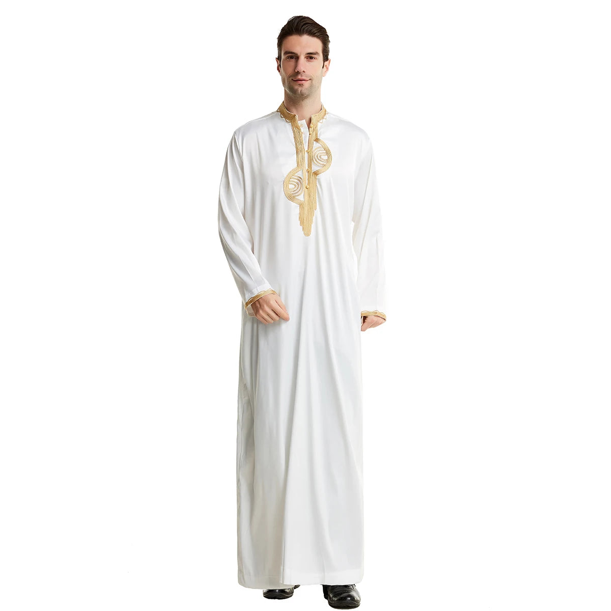 TH819 Men's Muslim Middle Eastern Men Long Sleeves Stand Collar Silk Emboridery Robe Male Ramadan Eid Jubba Thobe