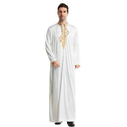 TH819 Men's Muslim Middle Eastern Men Long Sleeves Stand Collar Silk Emboridery Robe Male Ramadan Eid Jubba Thobe