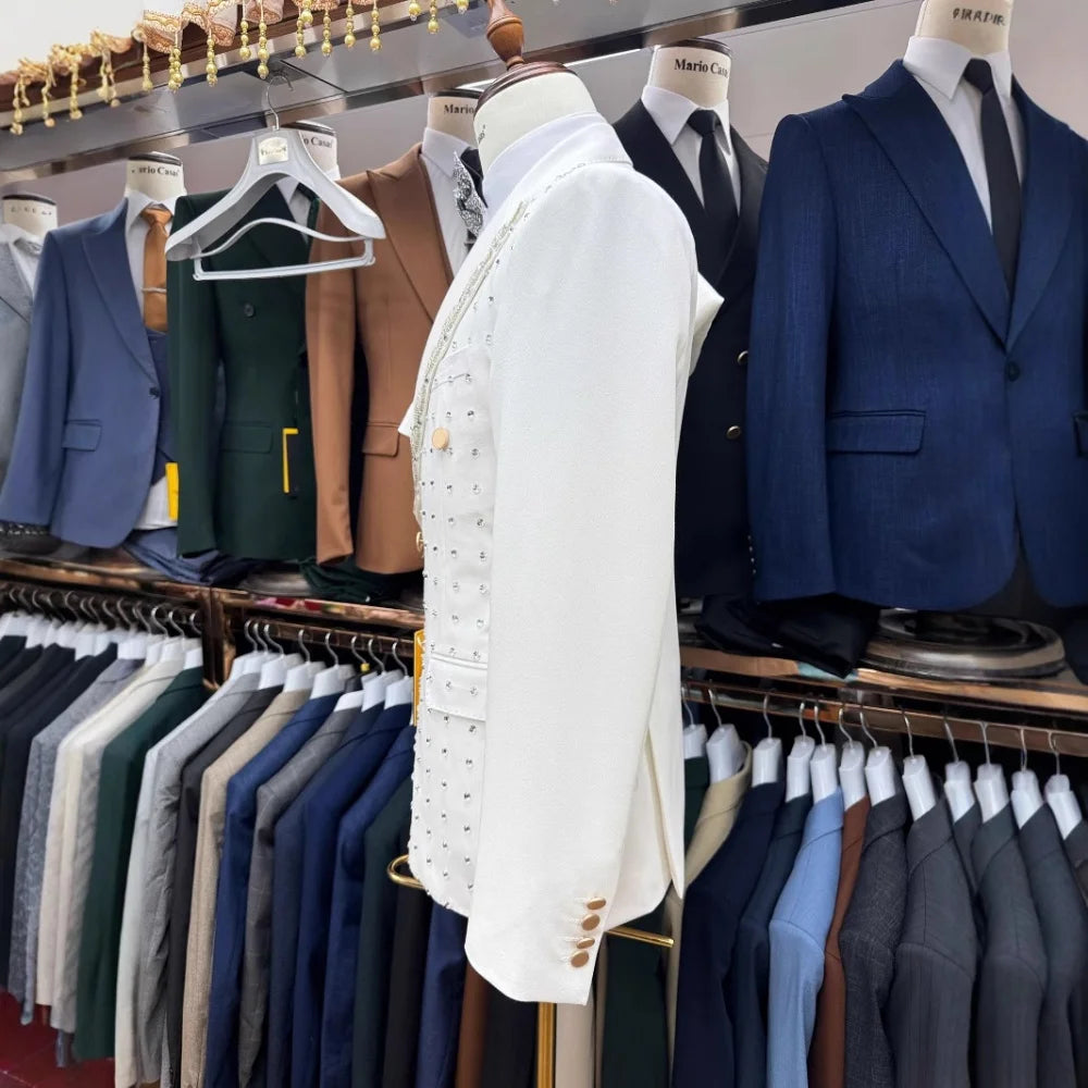 Formal Double-Breasted Men's Suit Set 2PCS For Wedding Classic Crystal Groom Suit Party Suit Blazers Pants Exquisite Men's Suit
