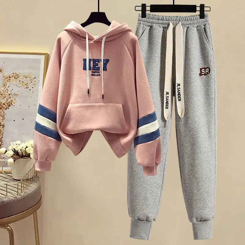 Sports Set for Women in Spring and Autumn New Korean Version Color Blocking Hooded Top Casual Pants Age Reducing Two-piece Set