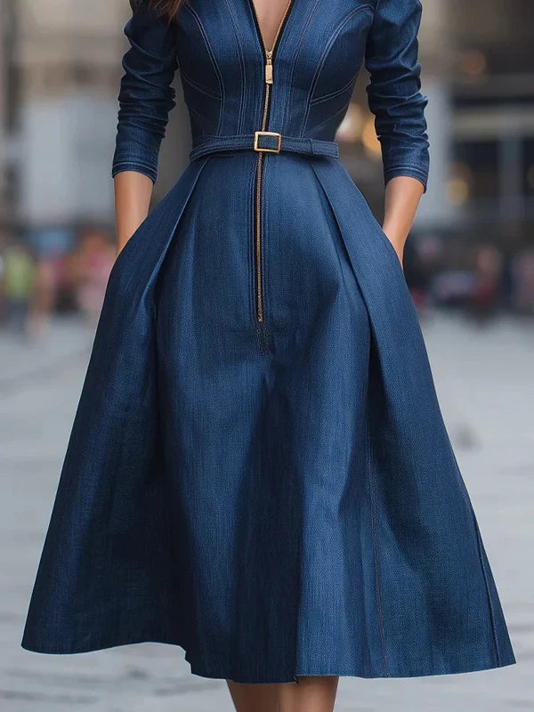 Modigirl Woman Blue A-Line Dresses 2025 Spring Fall New Pleated High Waisted Pockets Zipper Lapel Vintage Women's Midi Dress