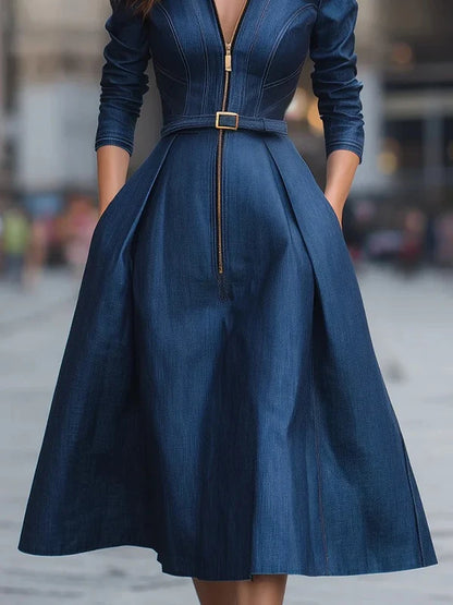 Modigirl Woman Blue A-Line Dresses 2025 Spring Fall New Pleated High Waisted Pockets Zipper Lapel Vintage Women's Midi Dress