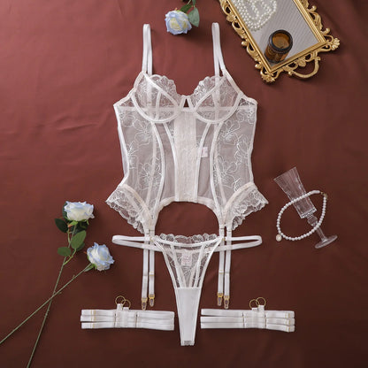 Ellolace French Women's Lingerie Sets Romantic Corset Thong 2PC with Leg Circles Pure Wedding Sexy Miss Hot Girls' Intimates