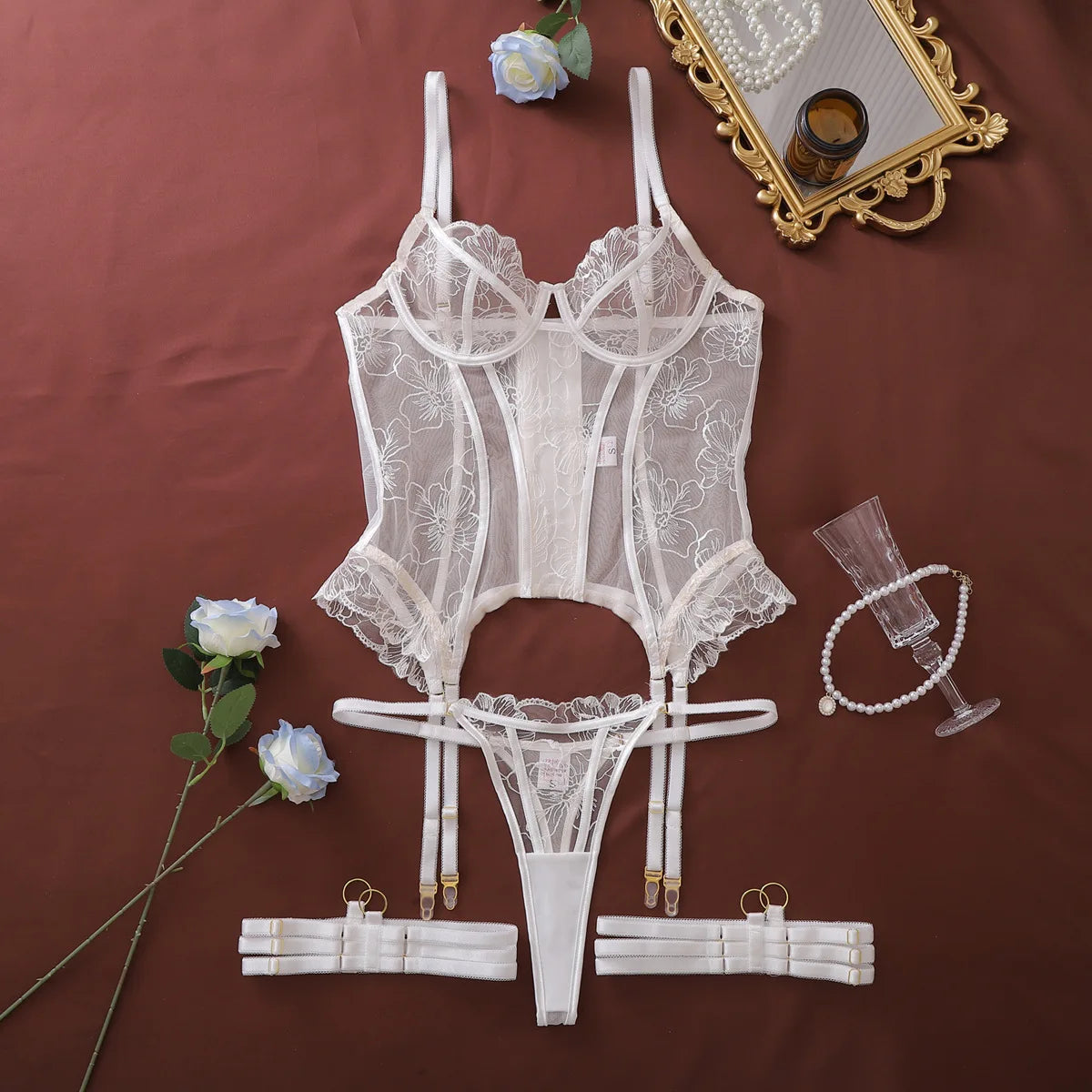 Ellolace French Women's Lingerie Sets Romantic Corset Thong 2PC with Leg Circles Pure Wedding Sexy Miss Hot Girls' Intimates
