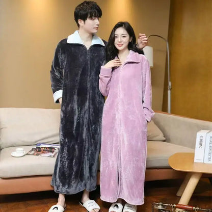 2025 New Flannel Zipper Nightgown Men Women Double-sided Thicken Flannel Pajamas Solid Color Couples One-piece Home Sleeprobe