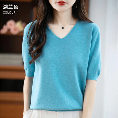 Thin Worsted Wool Short-Sleeved Women's Loose Round Neck T-shirt Printed Summer Fashion Knitted Bottoming Shirt Half-Sleeved
