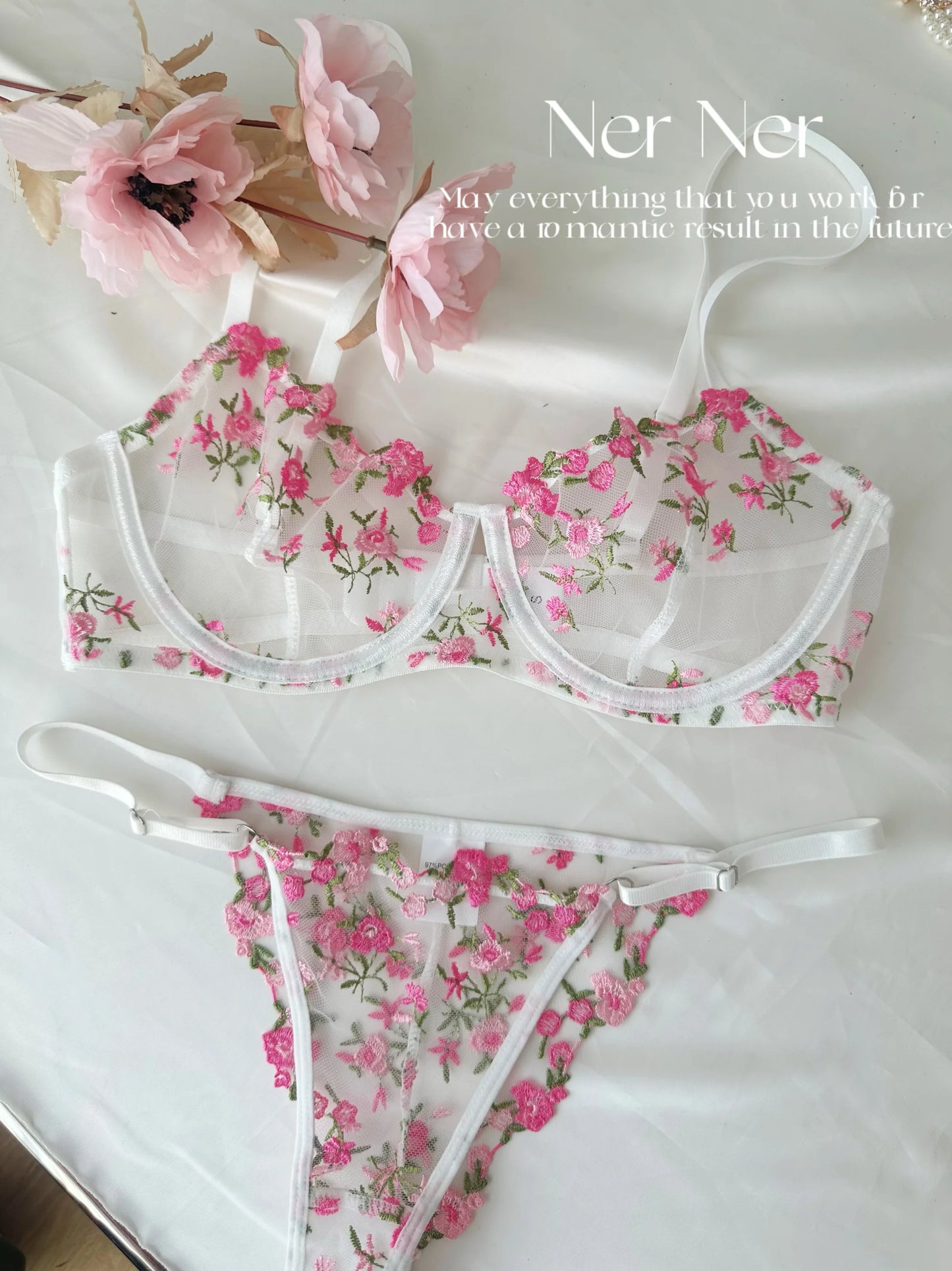 Pure & Sexy Japanese Lingerie Set, Pink Floral Tulle with Embroidery, Harajuku Style Aesthetic Set BANERDANNI Sexy Panty &Tusjy