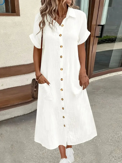 Women's 2025 casual Summer Shirt Dresses Short Sleeve Solid Color Dress