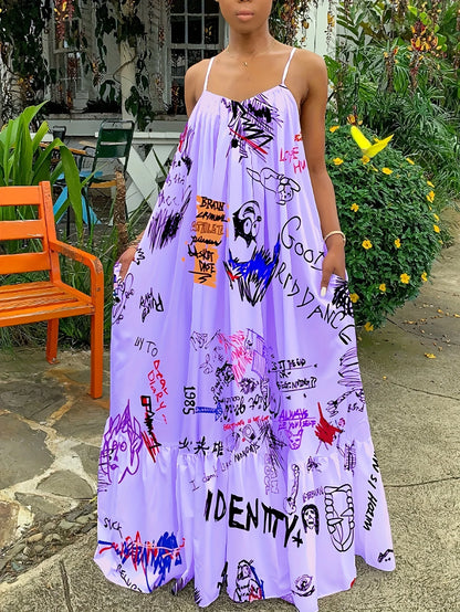 2024 Sexy Summer Dress Women Print Spaghetti Strap Sleeveless Maxi Dress Fashion Pocket Loose Slip Dress Sukienki Letnie