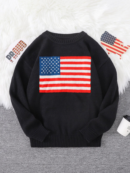 New Popular Autumn American Pattern Pullover Sweater Casual Round Neck Knitted Men's Pullover
