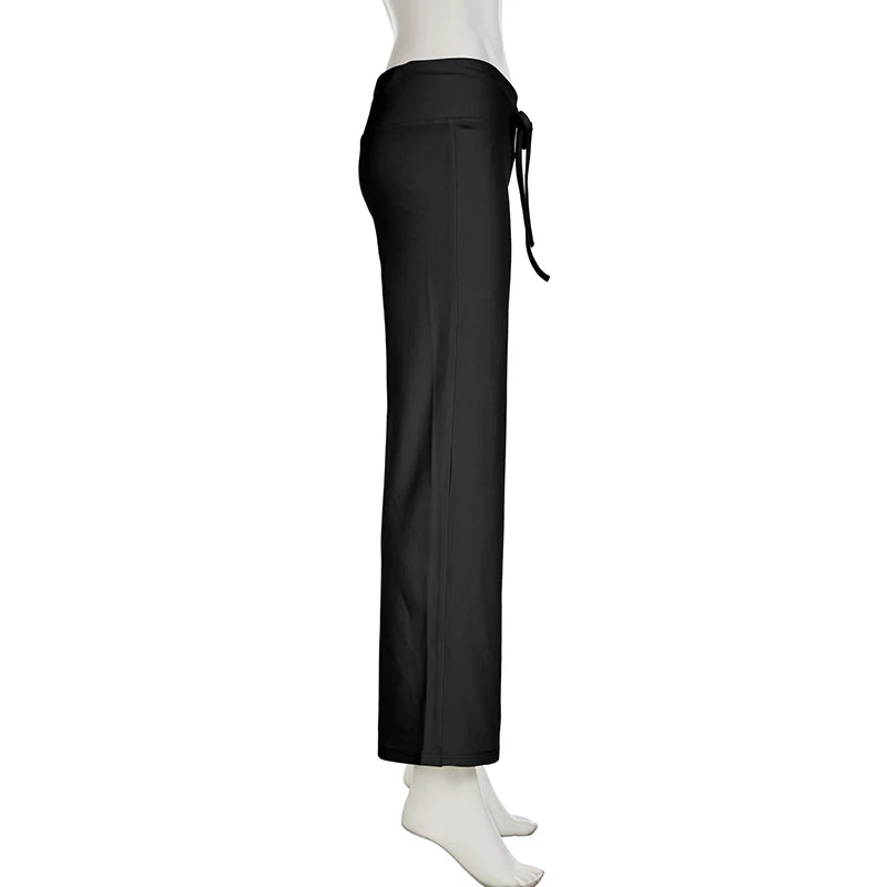 Rockmore Spicy Girl Low Waist Straight Leg Pants Pure Color Flip Waist Versatile Long Trousers Street Style Casual Pants
