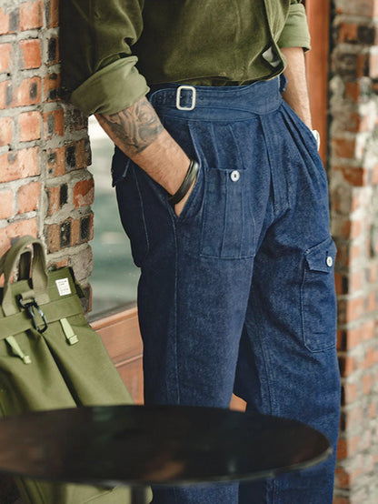 Elegant casual denim style Italian comfortable fabric button high waisted pants men's suit pants, suitable for daily commuting