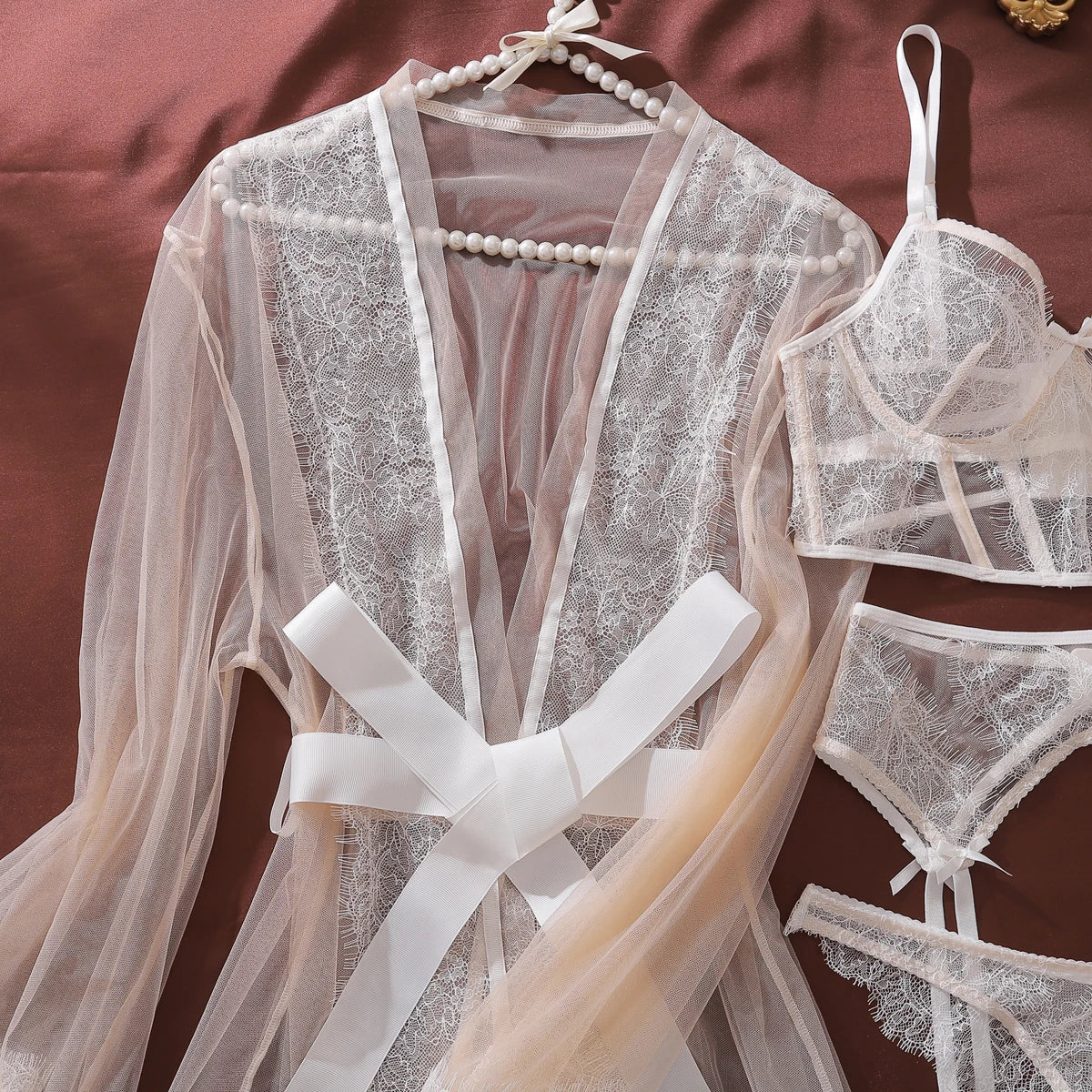 2026 French ultra-thin perspective high-end eyelash lace sexy gathering steel ring bra set with perspective outer robe