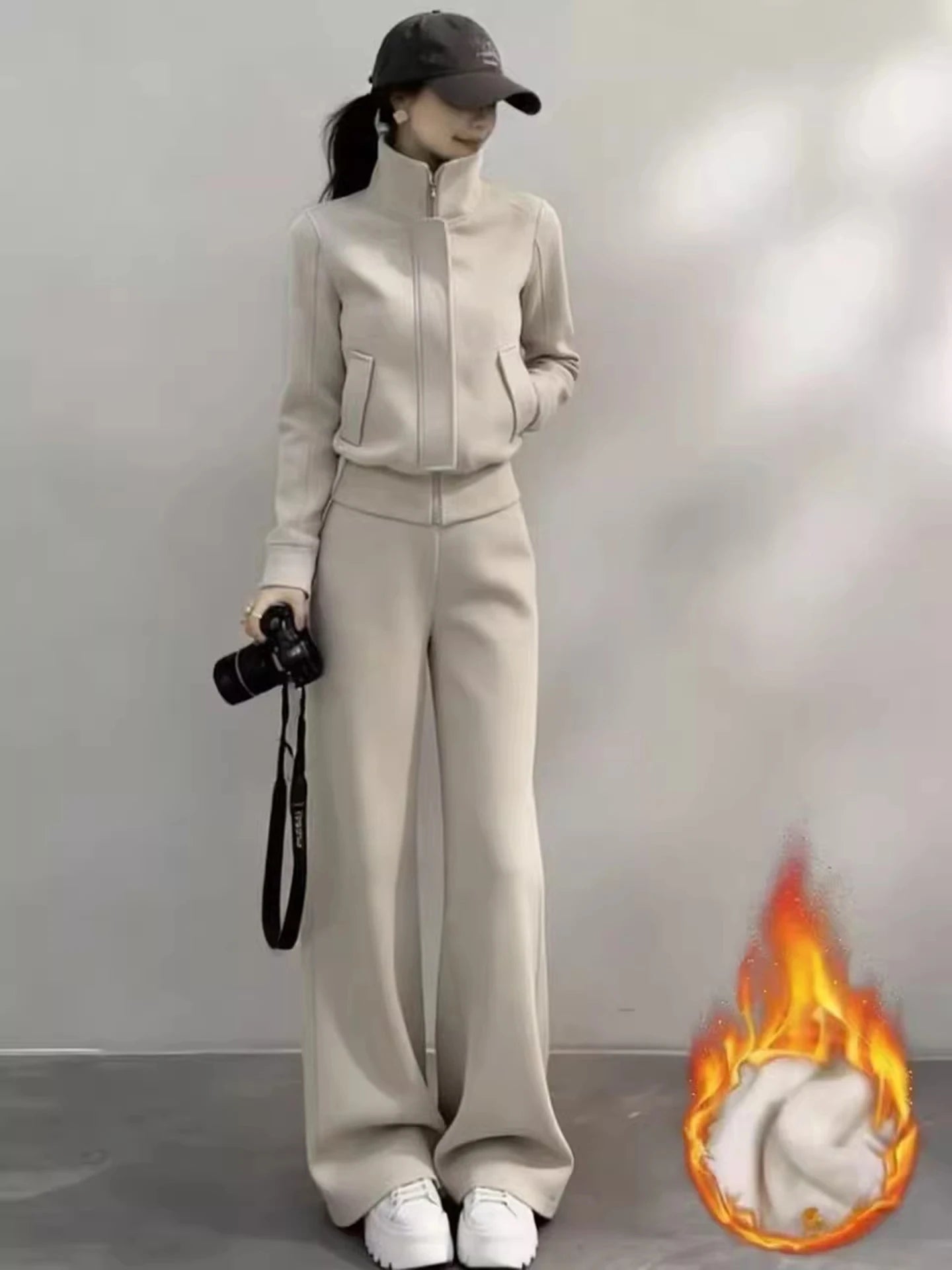 Korean Style Fleece Lined Thick Casual Sportswear Set Women Winter Stand Collar Jacket Wide Leg Pants Sweatshirt Two Piece Set