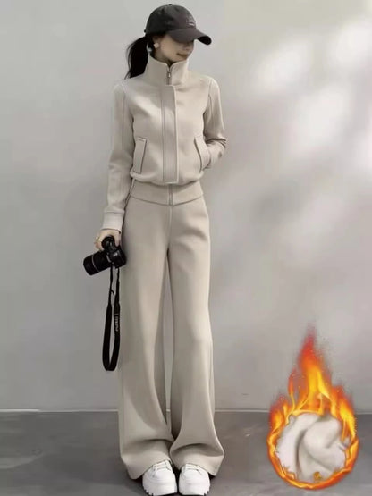 Korean Style Fleece Lined Thick Casual Sportswear Set Women Winter Stand Collar Jacket Wide Leg Pants Sweatshirt Two Piece Set