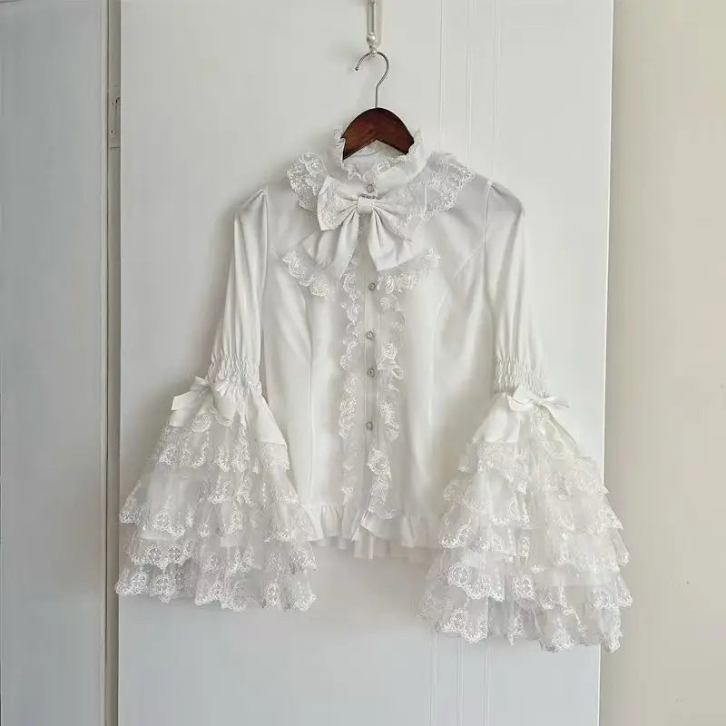 Jirai Kei Lolita Blouse Kawaii Top Women Cute Japanese Style Shirt with Bow Y2K Elegant Long Sleeve Sweet Casual Aesthetic Tops