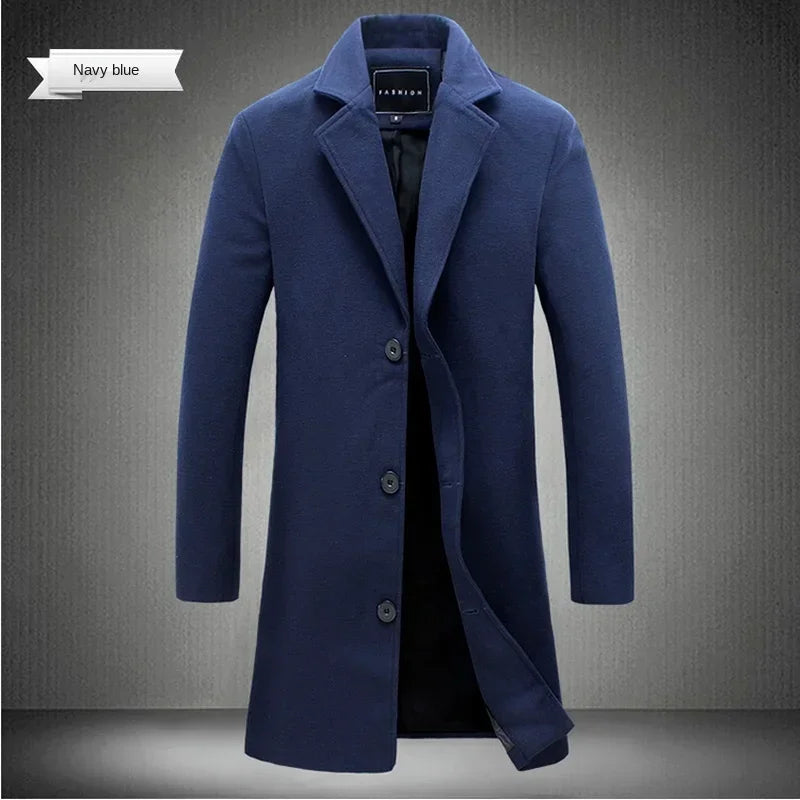 2025Spring Autumn New Long Cotton Coat New Wool Blend Pure Color Casual Business Fashion Men's Clothing Slim Windbreaker Jacket