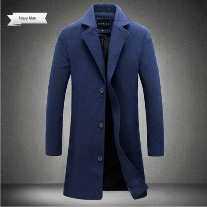 2025Spring Autumn New Long Cotton Coat New Wool Blend Pure Color Casual Business Fashion Men's Clothing Slim Windbreaker Jacket
