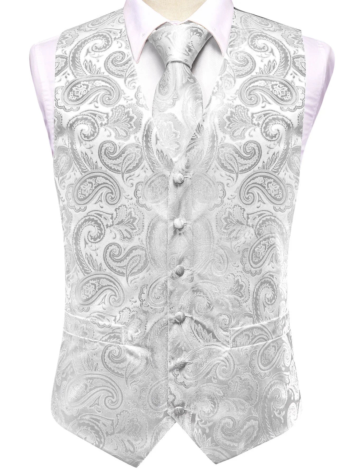 4Pcs Men Formal V-Neck Vest Kit Waistcoat Tie Handkerchief & Cufflinks for Occasions