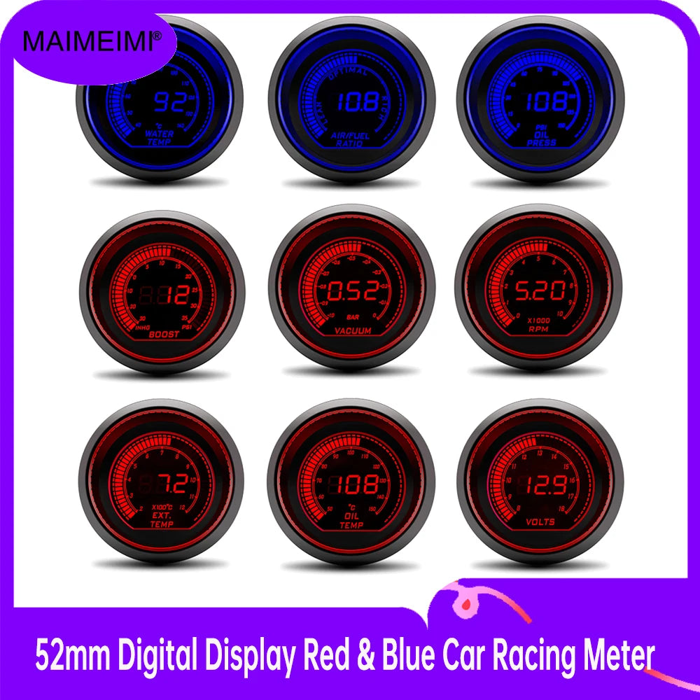 % 52mm Digital Display Red & Blue Car Racing Meter Turbo Boost Gauge PSI Water /Oil Temp Oil Pressure Gauge Voltmeter Tachometer