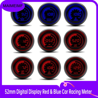 % 52mm Digital Display Red & Blue Car Racing Meter Turbo Boost Gauge PSI Water /Oil Temp Oil Pressure Gauge Voltmeter Tachometer