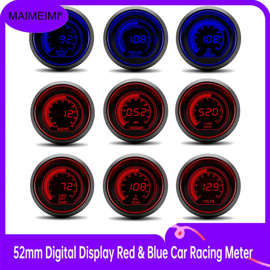 % 52mm Digital Display Red & Blue Car Racing Meter Turbo Boost Gauge PSI Water /Oil Temp Oil Pressure Gauge Voltmeter Tachometer