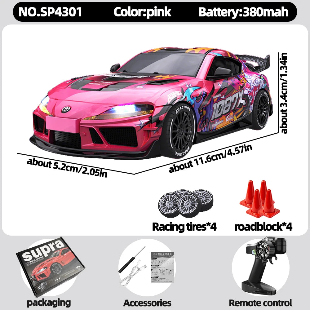 JXC 1:43 Mini 4WD RC Drift Car Supra SP4301 2.4GHz Remote Control with Gyroscope Adjustable Speed Cool LED Light Toy Gift