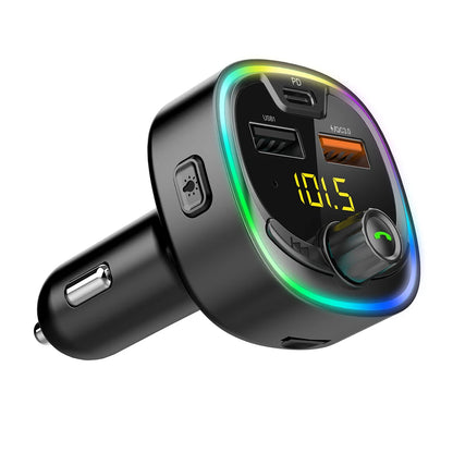 Car FM transmitter, wireless 5.0 QC3.0 & PD 18W USB-C car charger, RGB backlit car receiver, supports hands-free calls, Siri Goo