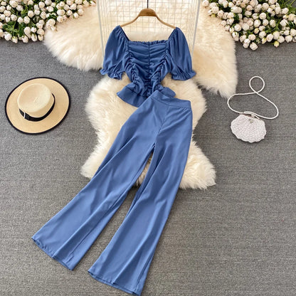 Faionable Casual Women's Set High Waist Wide Leg Pants Long Pants Two Piece Square Collar Slim Fit irt Spring