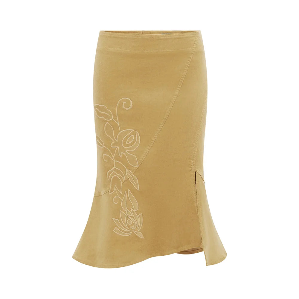 Wj V-Neck Three-Quarter Sleeve Top, Low-Waist Khaki Fishtail Skirt with Embroidery, Irregular Hem Skirt, Green Pleated Low-Waist Slit Skirt, Pleated Neckline Waist-Cinching Short Top