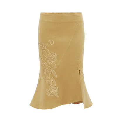 Wj V-Neck Three-Quarter Sleeve Top, Low-Waist Khaki Fishtail Skirt with Embroidery, Irregular Hem Skirt, Green Pleated Low-Waist Slit Skirt, Pleated Neckline Waist-Cinching Short Top