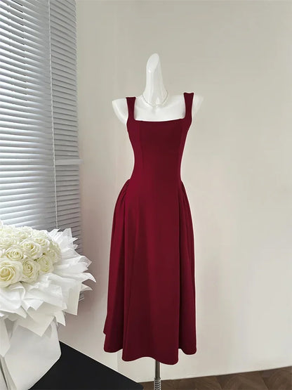 Elegant Korean Fashion Summer Evening Party Red U-neck Sling Dress Lady Casual High Waist Sleeveless Strap Mini Dress for Women