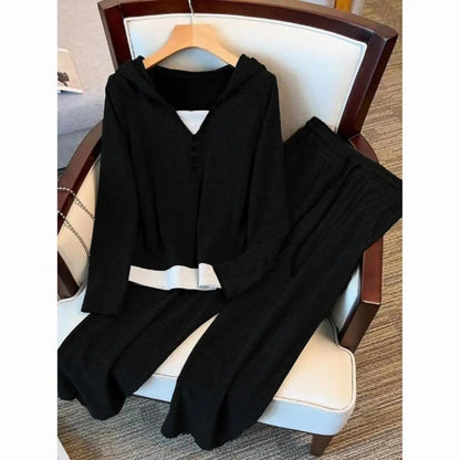 Black Soft Plush 2025 New Style Hooded Patchwork Casual Sporty Spring Autumn Leisure Cotton Pants Set Fashionable Trousers