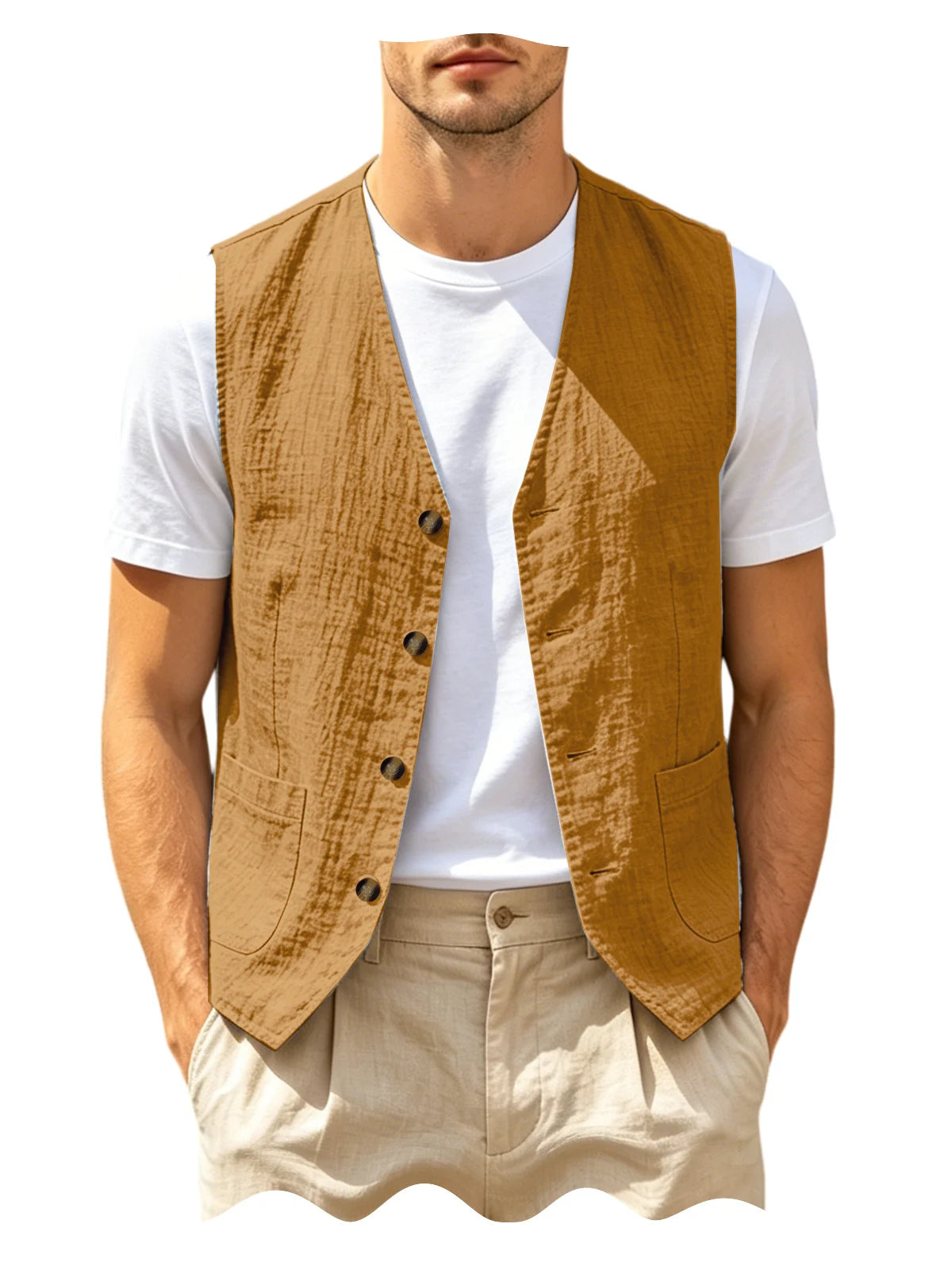 Men's Casual Linen Vest V-Neck Sleeveless Waistcoat Summer Lightweight Breathable Solid Color Button Up Vest For Daily Vacation