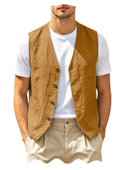 Men's Casual Linen Vest V-Neck Sleeveless Waistcoat Summer Lightweight Breathable Solid Color Button Up Vest For Daily Vacation