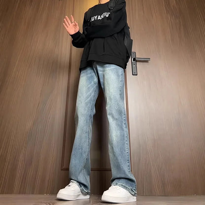 Men's Y2K Flare Jeans Vintage Washed Straight Leg Denim Pants Stacked Long Trousers Streetwear Loose Fit Bottoms