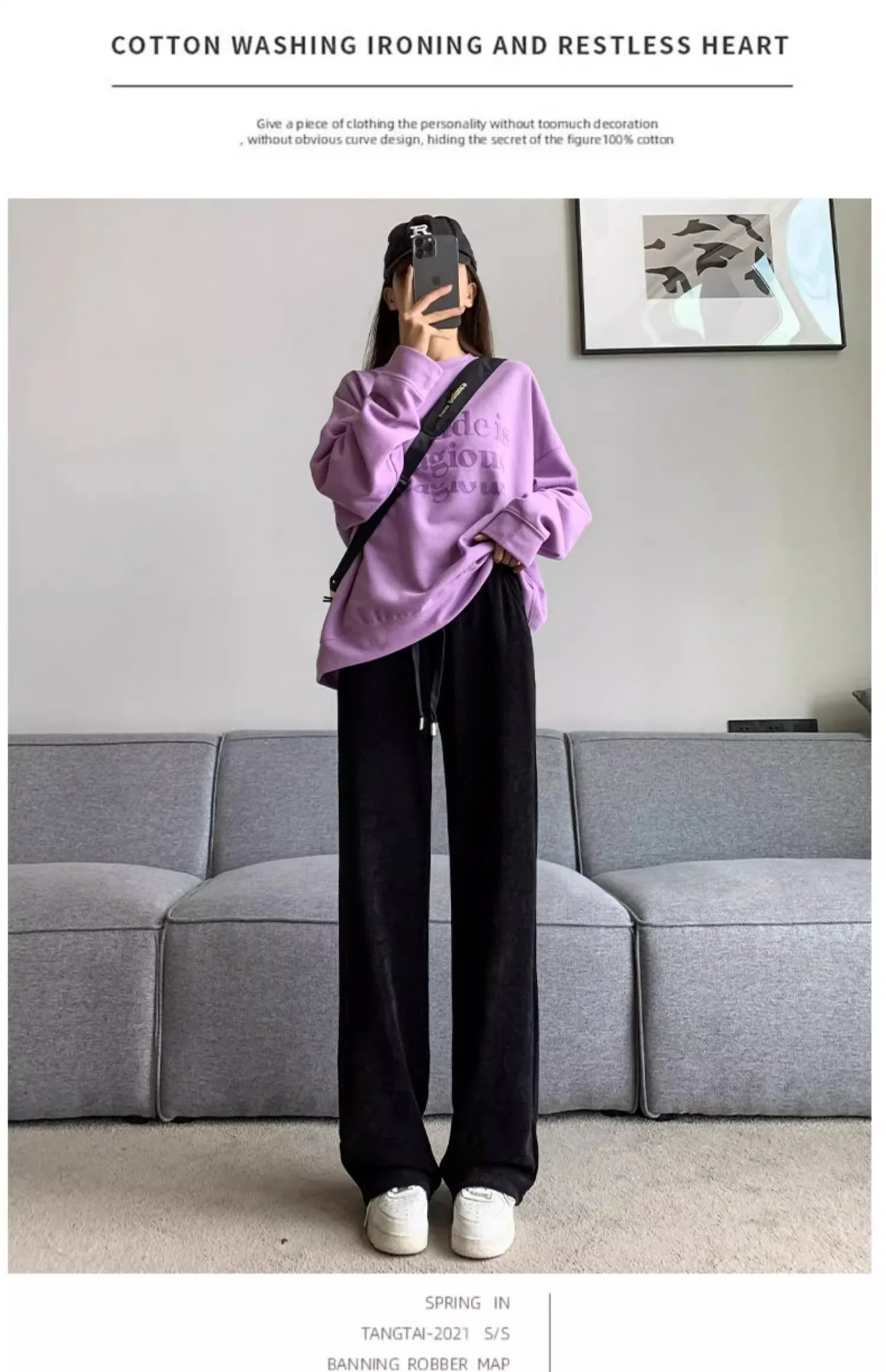 plus Size Women's Casual High Waist Thin Wide Leg Pants Spring Autumn Straight Cut Long Trousers Comfortable Slimming Effect