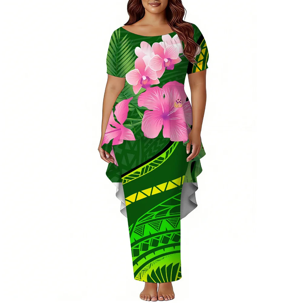 Polynesian Island-Style Women'S Short-Sleeved Puletasi Floral Print Dress Samoan Party Style Evening Dress