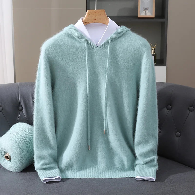 Autumn And Winter New 100% Pure Mink Wool Men Hooded Sweater Solid Color Knitted Sweater Loose Bottoming Leisure