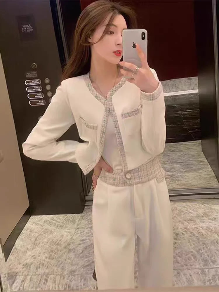 Elegant Fashion Set Women's Spring Autumn New Style Small Fragrance Wind Coat Wide Leg Pants Two Piece Set High Waist Long Pants